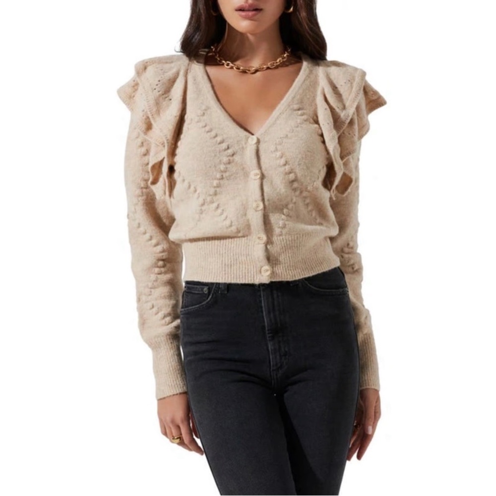Astr Beige Ruffle Knit Cardigan